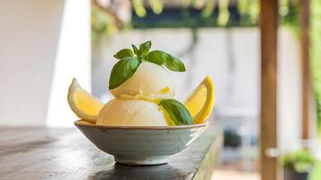 A bowl of ice cream with a lemon slice in it photo
