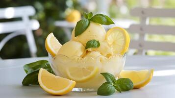 A bowl of ice cream with lemon slices and basil leaves photo