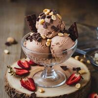 Chocolate ice cream with nuts and strawberries photo