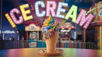 An ice cream cone with sprinkles on top of a brightly lit sign photo