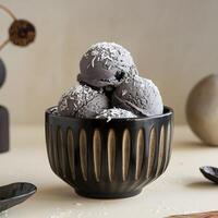 A bowl of black ice cream with coconut flakes photo