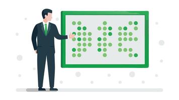 A man in a suit stands next to a white board with green dots vector