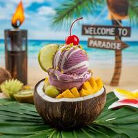 A coconut with a tropical fruit ice cream photo
