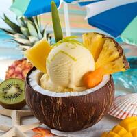 A coconut bowl with ice cream, fruit, and a straw photo