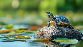 A turtle is sitting on a rock in a pond. The turtle is small and has a green and brown shell. The pond is surrounded by lush green plants and the water is calm. The scene is peaceful and serene photo