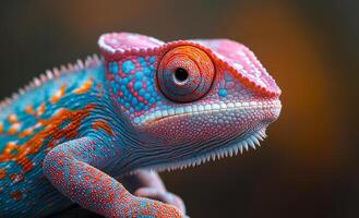 A colorful lizard with a blue and orange face is staring at the camera. The lizard's face is the main focus of the image, and it is curious or alert. The bright colors of the lizard's face photo