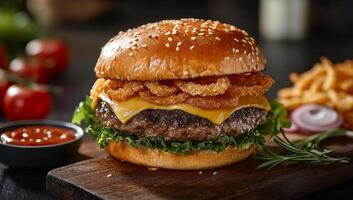 A large hamburger with onions and cheese on top. The bun is brown and the burger patty is red. A side of fries is also present photo