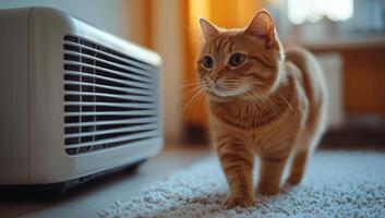 A cat is walking in front of a white fan. The cat is orange and has a curious expression on its face photo