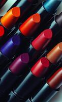 A row of colorful lipsticks with glitter on them. The lipsticks are arranged in a row, with some being more vibrant than others. Scene is playful and fun photo