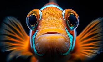 A close up of a fish with orange and blue stripes on its face. The fish has a sad expression on its face photo