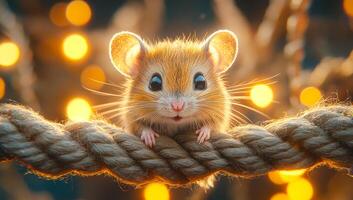 A cute little mouse is sitting on a rope. The mouse is looking up at the camera with a smile on its face. The image has a warm and playful mood, making it a fun and lighthearted scene photo