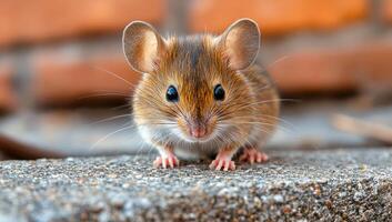 A small brown mouse with black eyes is standing on a stone surface. The mouse is looking directly at the camera, which makes it appear curious and alert photo
