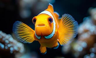 A small orange fish with white stripes is swimming in a tank. The fish has a curious expression on its face and its mouth is open photo