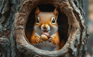 A squirrel is eating an acorn in a hollowed out tree trunk. The scene is peaceful and natural, with the squirrel enjoying its snack in a quiet, secluded spot photo