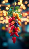 A bunch of peppers hanging from a string. The peppers are red, orange, and yellow photo