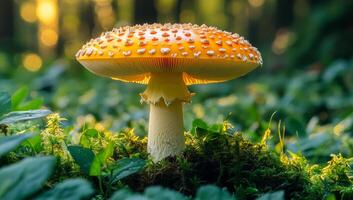 A large orange mushroom is sitting on a patch of moss. The mushroom is surrounded by green leaves and grass, creating a peaceful and natural scene photo