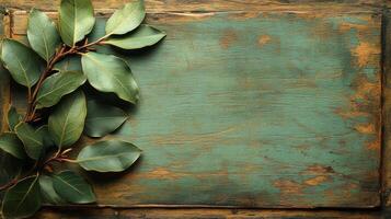 A green leafy branch is placed on a wooden background. The background is a green color and has a wooden texture. The leafy branch is placed in the center of the background photo