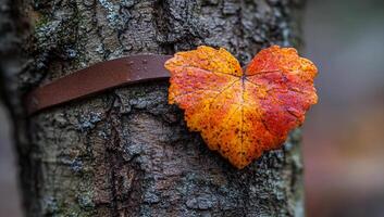A leaf with a heart shape is attached to a tree trunk. The leaf is orange and brown, and it is drying up. Concept of nostalgia and the fleeting nature of life photo