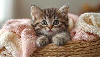 A kitten is laying in a basket with a pink blanket. The kitten is looking up at the camera with a curious expression photo