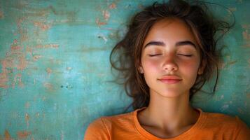A woman is laying on a wall with her eyes closed. She has a pinkish tint to her face and is smiling photo