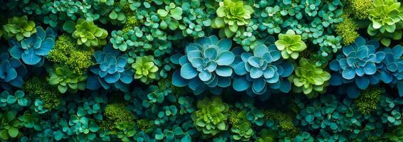 A lush green and blue plant with a variety of small plants growing on it. The plants are arranged in a row, with some of them being taller and others shorter. The overall effect is a vibrant photo