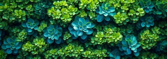A lush green bush with a variety of small blue flowers scattered throughout. The flowers are of different sizes and are positioned in various parts of the bush, creating a vibrant and colorful display photo