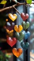 A colorful collection of leaf-shaped heart decorations hanging from a branch. The hearts are of various colors and sizes, creating a vibrant and cheerful display photo
