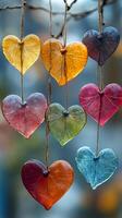 A colorful display of hearts hanging from a branch. The hearts are of different colors and sizes, and they are all hanging together. The display creates a sense of unity and harmony photo