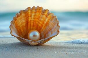 A pearl is sitting inside a shell on a beach. The shell is open and the pearl is shining brightly. The scene is peaceful and serene, with the ocean in the background photo