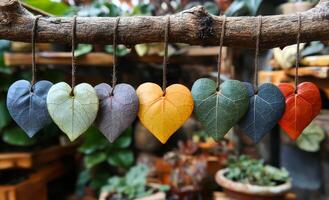 A row of colorful leaves hanging from a branch, each one shaped like a heart. The leaves are of different colors, creating a rainbow effect. Concept of joy and happiness photo