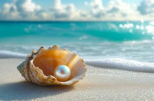 A pearl is sitting in the center of a seashell on a sandy beach. The scene is serene and peaceful, with the ocean in the background and the shell and pearl as the main focus photo