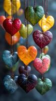 A colorful display of hearts made from leaves hanging from a string. The hearts are of different colors and sizes, creating a vibrant and cheerful atmosphere photo