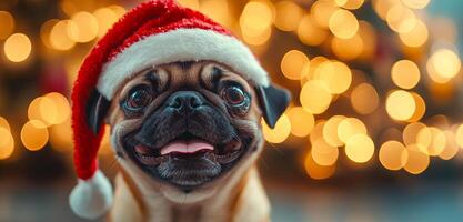 A small dog wearing a red Santa hat is smiling and looking at the camera. The image has a festive and joyful mood, as the dog is dressed up for Christmas photo