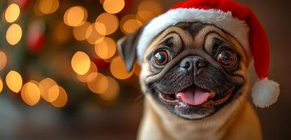A small dog wearing a Santa hat is smiling and looking at the camera. The image has a festive and joyful mood, as it captures a cute and playful moment between the dog and the camera photo