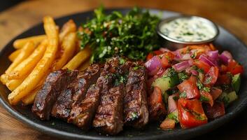 A plate of food with a steak, salad, and potatoes. The plate is black and the food is colorful photo