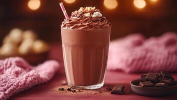 A glass of chocolate milk with a straw in it. The glass is on a table with a pink blanket and a bowl of chocolate chips photo
