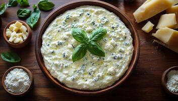 A bowl of white food with green leaves on top. The bowl is on a wooden table with other bowls and a block of cheese photo
