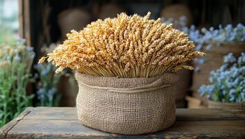 A basket of wheat is sitting on a wooden table. The wheat is golden and the basket is made of burlap. The scene is simple and peaceful, with the wheat and basket being the main focus photo