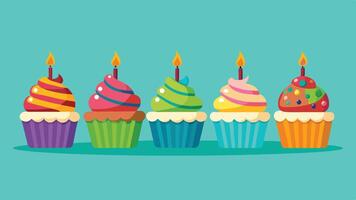 a group of colorful cupcakes with candles vector