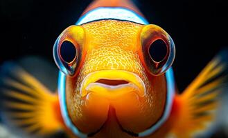 Clownfish in coral reef habitat. Colorful clownfish explores the coral reef, displaying vibrant hues and patterns in soft marine light. photo