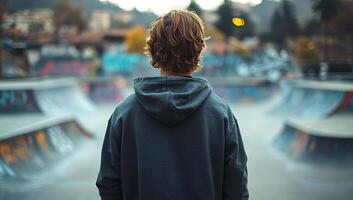 Young skater reflects at a quiet skatepark. A young skater stands with his back to the camera, contemplating the empty skatepark at dusk. photo