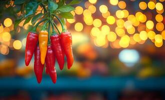 Peppers against a vivid backdrop. Red and yellow peppers hang from a green plant with blurred lights in the background, creating a lively atmosphere. photo
