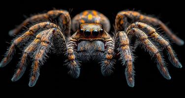 Colorful spider with striking patterns on its body. A vibrant spider displays its intricate patterns against a black background, emphasizing its unique traits. photo