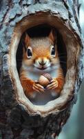 Squirrel holding an acorn in a tree hollow. A curious squirrel sits inside a tree hollow, clutching an acorn while looking directly at the viewer. photo