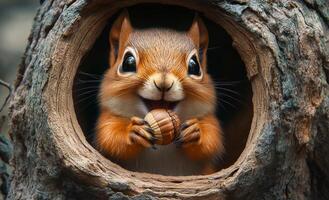 Squirrel delights in acorn inside tree trunk. A cute squirrel holds an acorn while nestled in the hollow of a tree trunk, showcasing its playful demeanor. photo