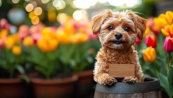 Cute dog sitting among vibrant blooming flowers. A small dog poses happily in a garden filled with colorful tulips and vibrant flowers during springtime. photo