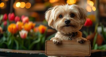 Cute dog holding a sign in a flower shop. A small dog poses with a wooden sign surrounded by vibrant tulips in a cozy flower shop setting. photo