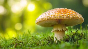 Mushroom growing in a lush green forest clearing. A bright orange mushroom contrasts with soft green moss in a sunny forest, highlighting its intricate cap. photo