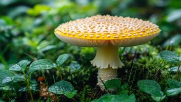 Unique yellow mushroom growing in a lush forest. A bright yellow mushroom with distinctive spikes stands out among green foliage in a vibrant forest setting. photo