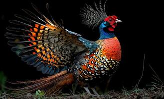 Colorful pheasant displaying feathers in nature. A colorful pheasant displays its vibrant feathers in a natural setting, highlighting its beauty. photo